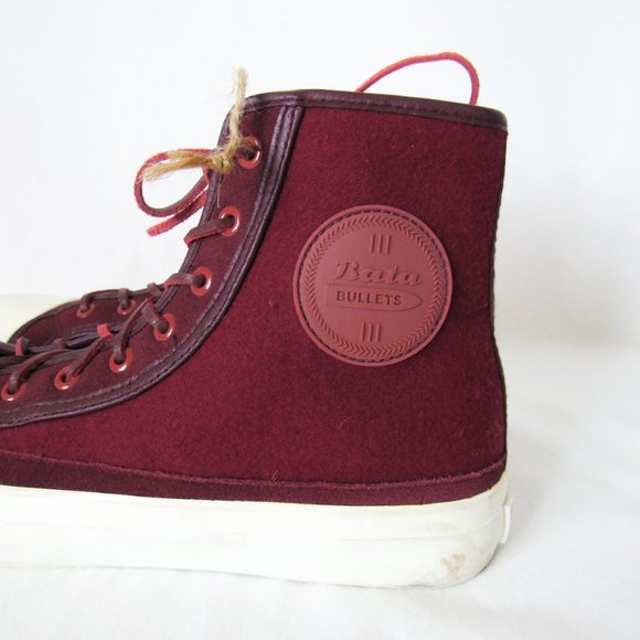 BATA BULLETS Hi Top Wool Leather Sneakers in Maroon Red Size Mens 8, Womens 9 - Picture 3 of 16